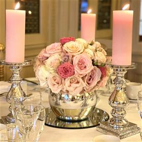 fwthumbTable centre flowers in a mirrored fish bowl using a combination of different pink rose Lilys Flowers  copy.jpg